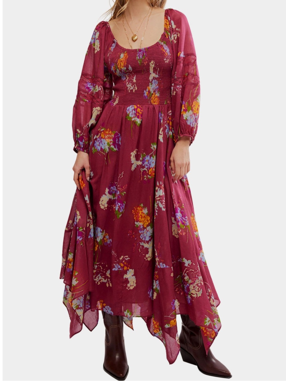 Free People Burgundy Wine Smocked 100% Cotton Fairy Gypsy Floral Maxi Dress
